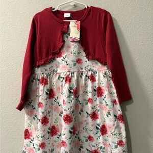 Pink and Red Floral Dress with attached Cardigan and accessories
